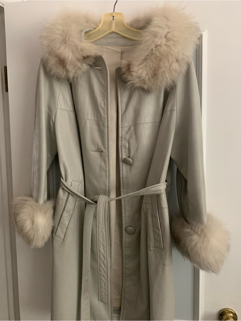 Vintage Ladies Grey Leather Trench Coat With Fur Size Small